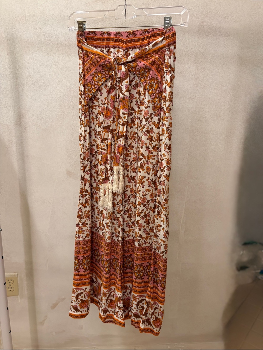 Simplee Women’s Small Boho Floral Paisley Wide Leg Pants Tie Waist Tassel